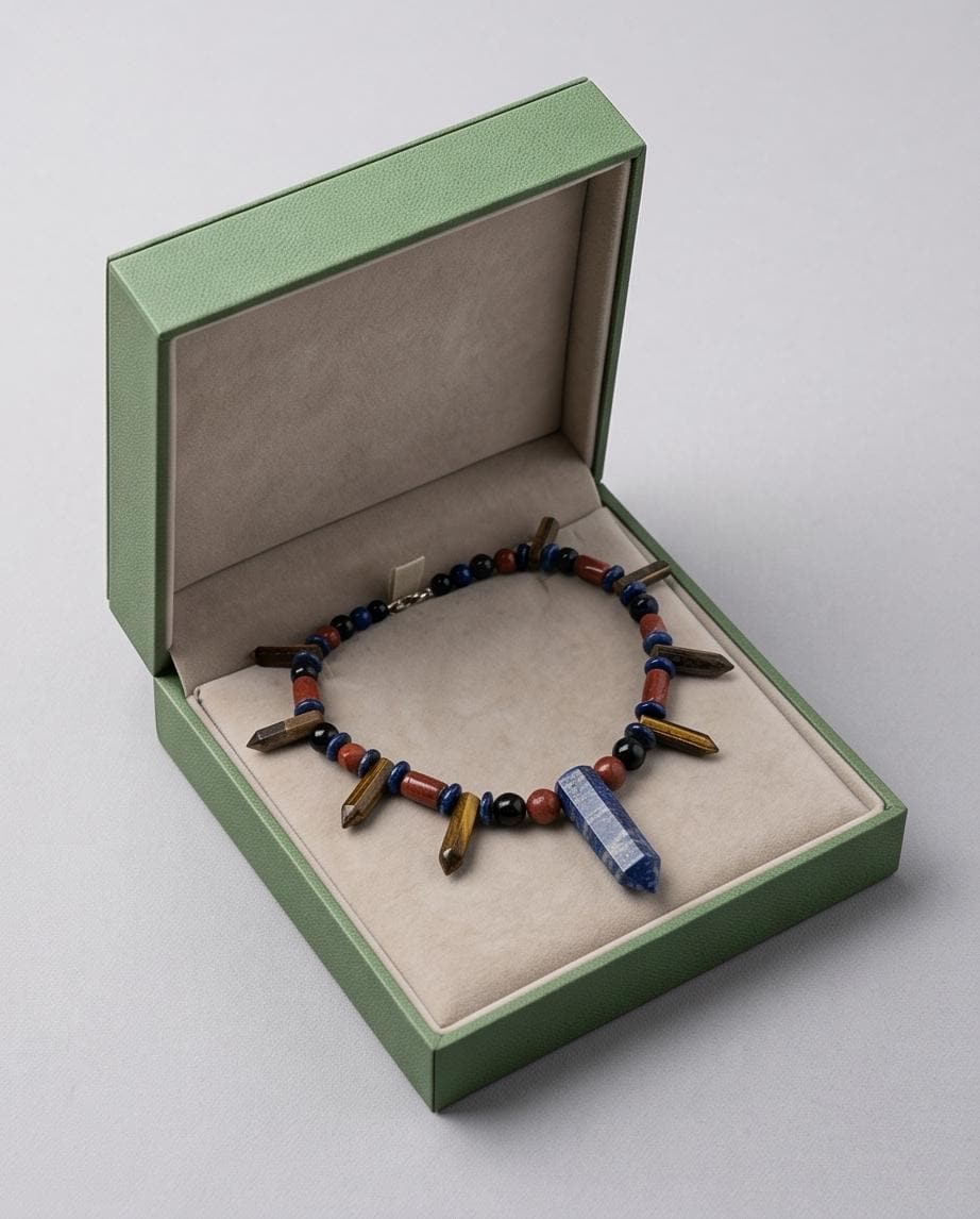 Lapis Lazuli Necklace, Tiger Eye Red Jasper Obsidian Statement Jewelry, Multi Gemstone Crystal Pendant, Bohemian Healing Stone Choker Gift