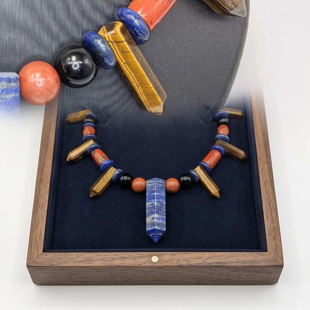 Lapis Lazuli Necklace, Tiger Eye Red Jasper Obsidian Statement Jewelry, Multi Gemstone Crystal Pendant, Bohemian Healing Stone Choker Gift