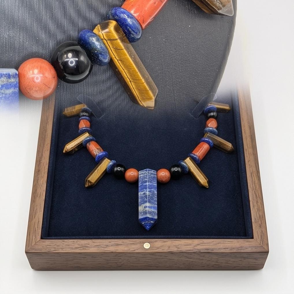 Lapis Lazuli Necklace, Tiger Eye Red Jasper Obsidian Statement Jewelry, Multi Gemstone Crystal Pendant, Bohemian Healing Stone Choker Gift