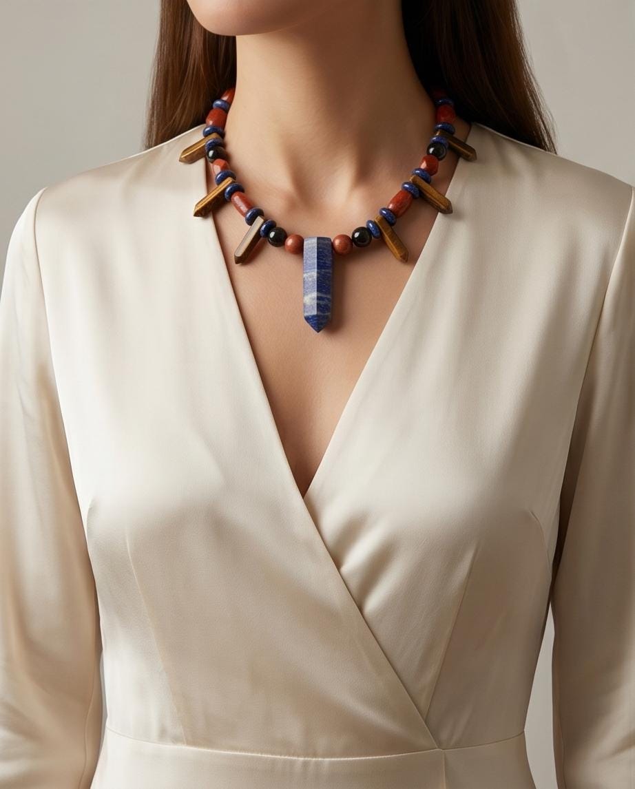 Lapis Lazuli Necklace, Tiger Eye Red Jasper Obsidian Statement Jewelry, Multi Gemstone Crystal Pendant, Bohemian Healing Stone Choker Gift