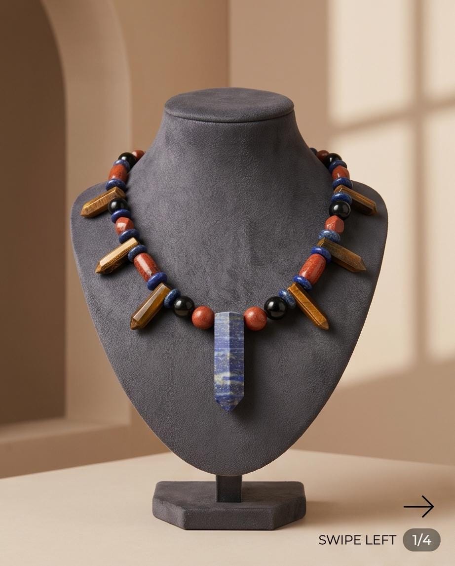 Lapis Lazuli Necklace, Tiger Eye Red Jasper Obsidian Statement Jewelry, Multi Gemstone Crystal Pendant, Bohemian Healing Stone Choker Gift
