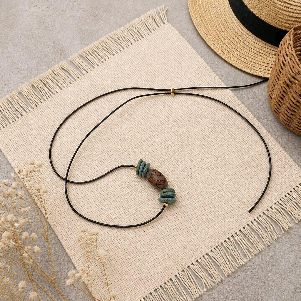 Dzi Bead Necklace, Turquoise Stone Pendant, Mens Jewelry Leather Cord Choker, Spiritual Tribal Jewelry, Unisex Bohemian Chunky Gift for Him