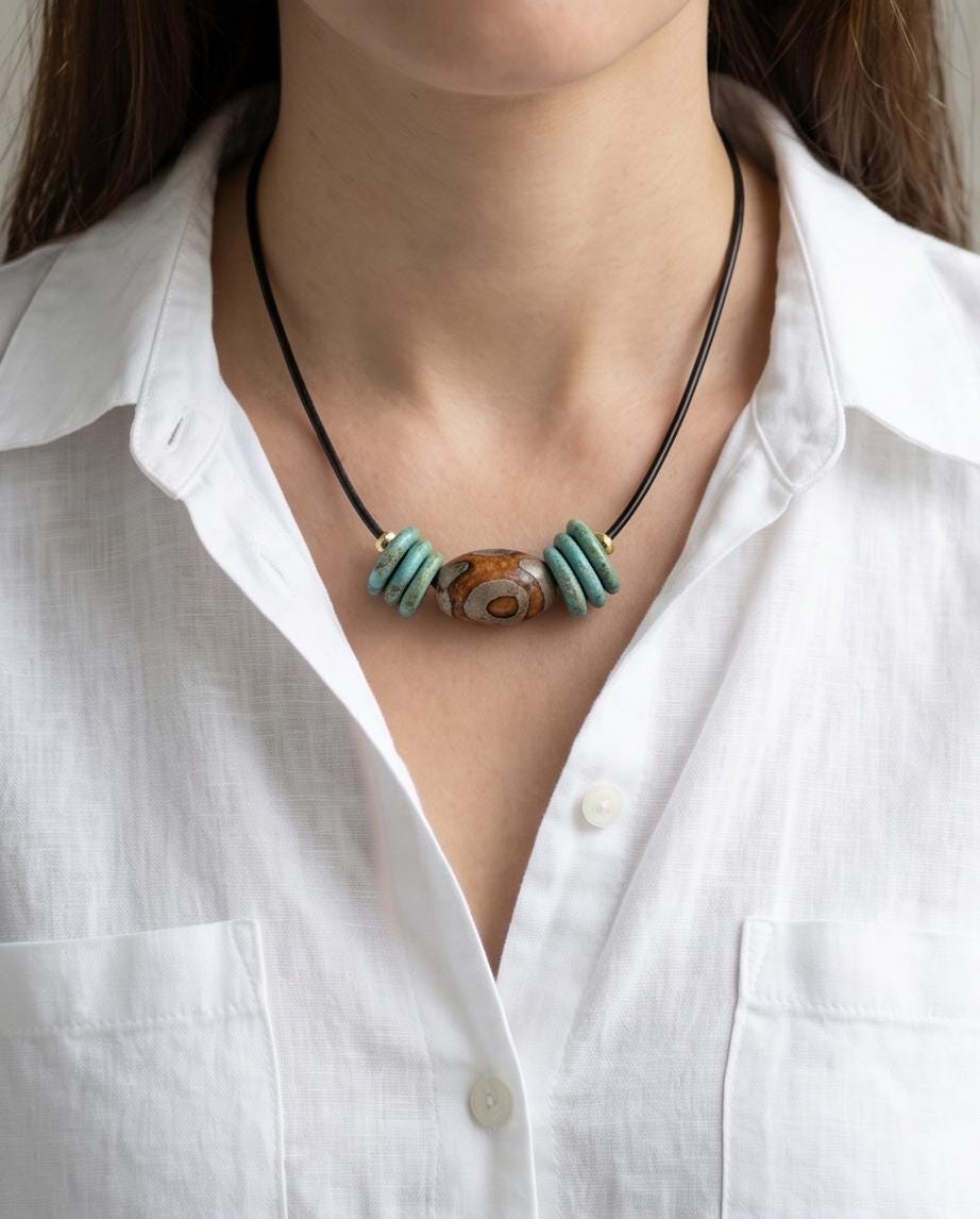 Dzi Bead Necklace, Turquoise Stone Pendant, Mens Jewelry Leather Cord Choker, Spiritual Tribal Jewelry, Unisex Bohemian Chunky Gift for Him