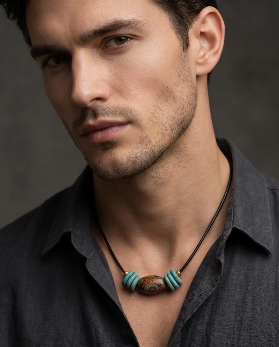 Dzi Bead Necklace, Turquoise Stone Pendant, Mens Jewelry Leather Cord Choker, Spiritual Tribal Jewelry, Unisex Bohemian Chunky Gift for Him