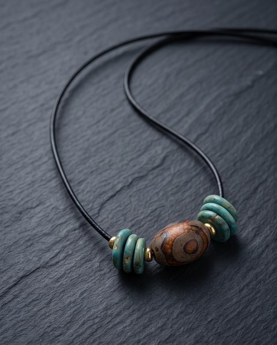 Dzi Bead Necklace, Turquoise Stone Pendant, Mens Jewelry Leather Cord Choker, Spiritual Tribal Jewelry, Unisex Bohemian Chunky Gift for Him
