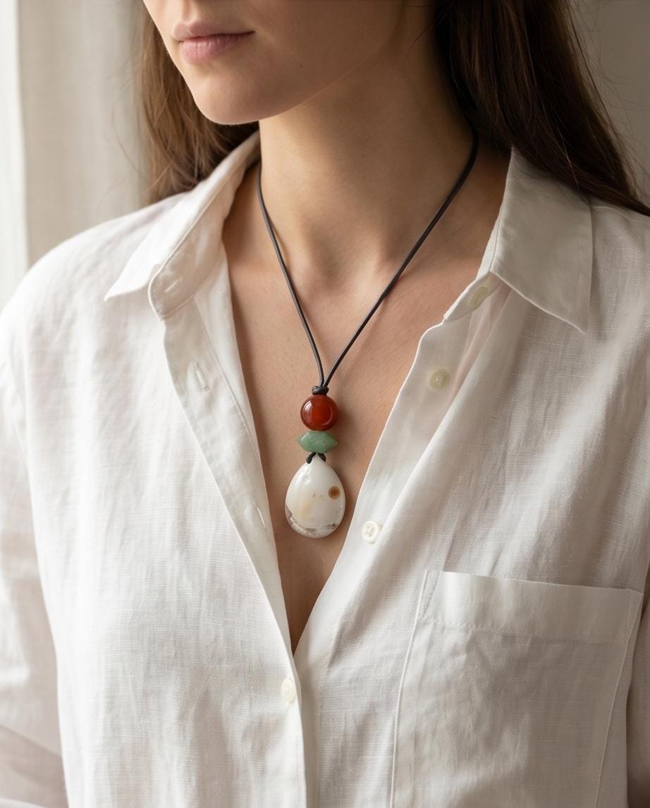 Sunrise Agate Necklace, Carnelian and Aventurine Pendant, Leather Cord Choker, Boho Gemstone Jewelry, Spiritual Chunky Stone Gift