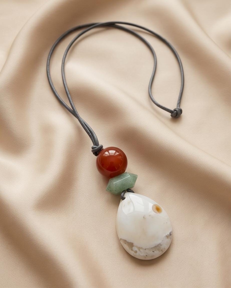 Sunrise Agate Necklace, Carnelian and Aventurine Pendant, Leather Cord Choker, Boho Gemstone Jewelry, Spiritual Chunky Stone Gift