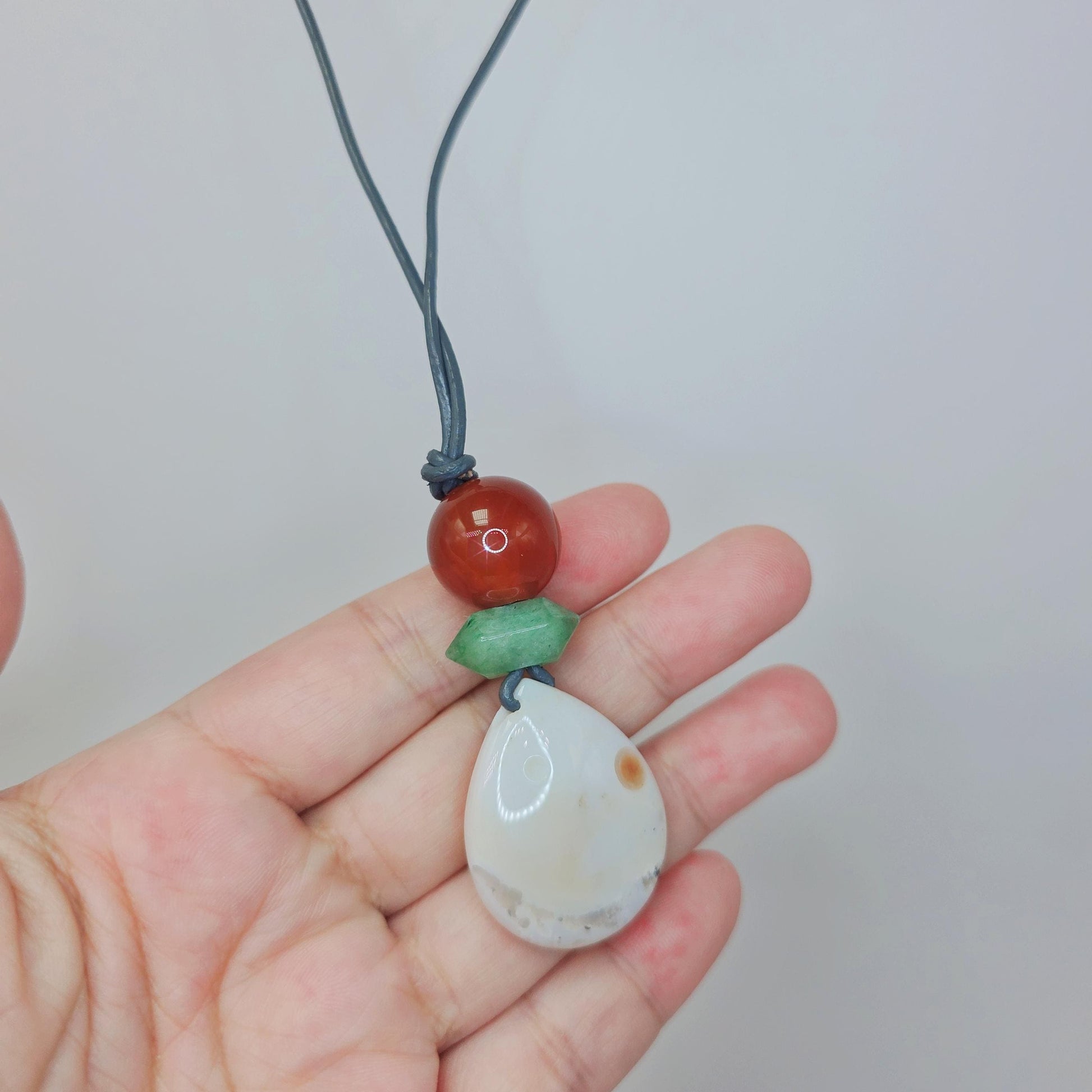 Sunrise Agate Necklace, Carnelian and Aventurine Pendant, Leather Cord Choker, Boho Gemstone Jewelry, Spiritual Chunky Stone Gift