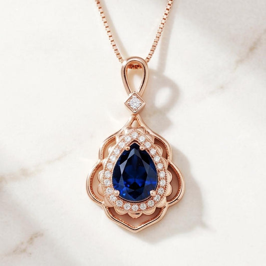 Rose Gold Blue Sapphire Necklace 2.75 CT Teardrop Royal Blue Gemstone Pendant Sterling Silver Pear Gemstone Halo Gold Petal Jewelry #743