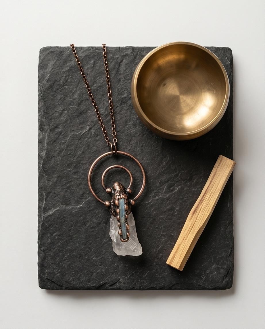 Copper Electroformed Crystal Necklace, Clear Quartz Labradorite Pendant, Raw Stone Jewelry, Boho Spiritual Talisman, Chunky Artisan Piece