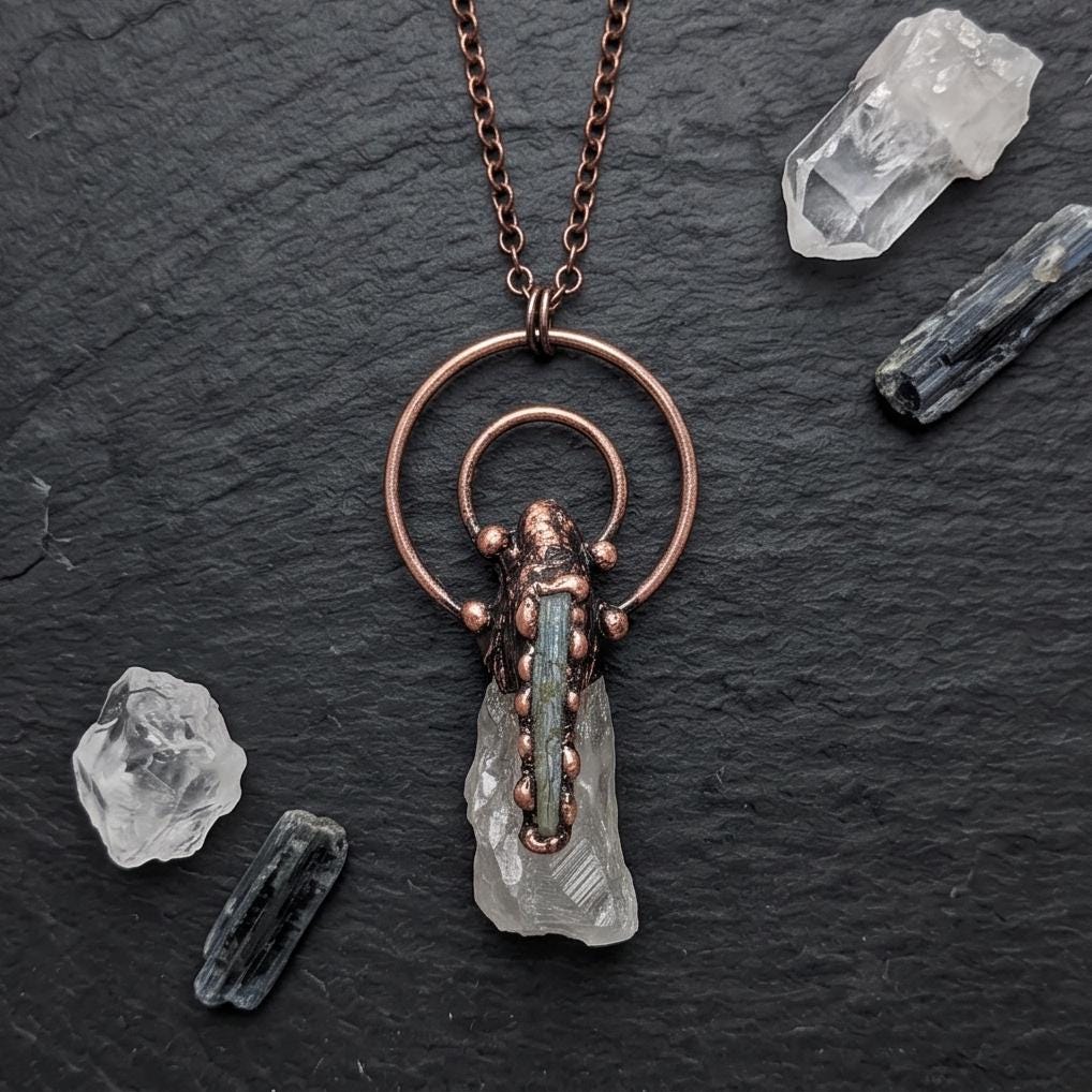 Copper Electroformed Crystal Necklace, Clear Quartz Labradorite Pendant, Raw Stone Jewelry, Boho Spiritual Talisman, Chunky Artisan Piece