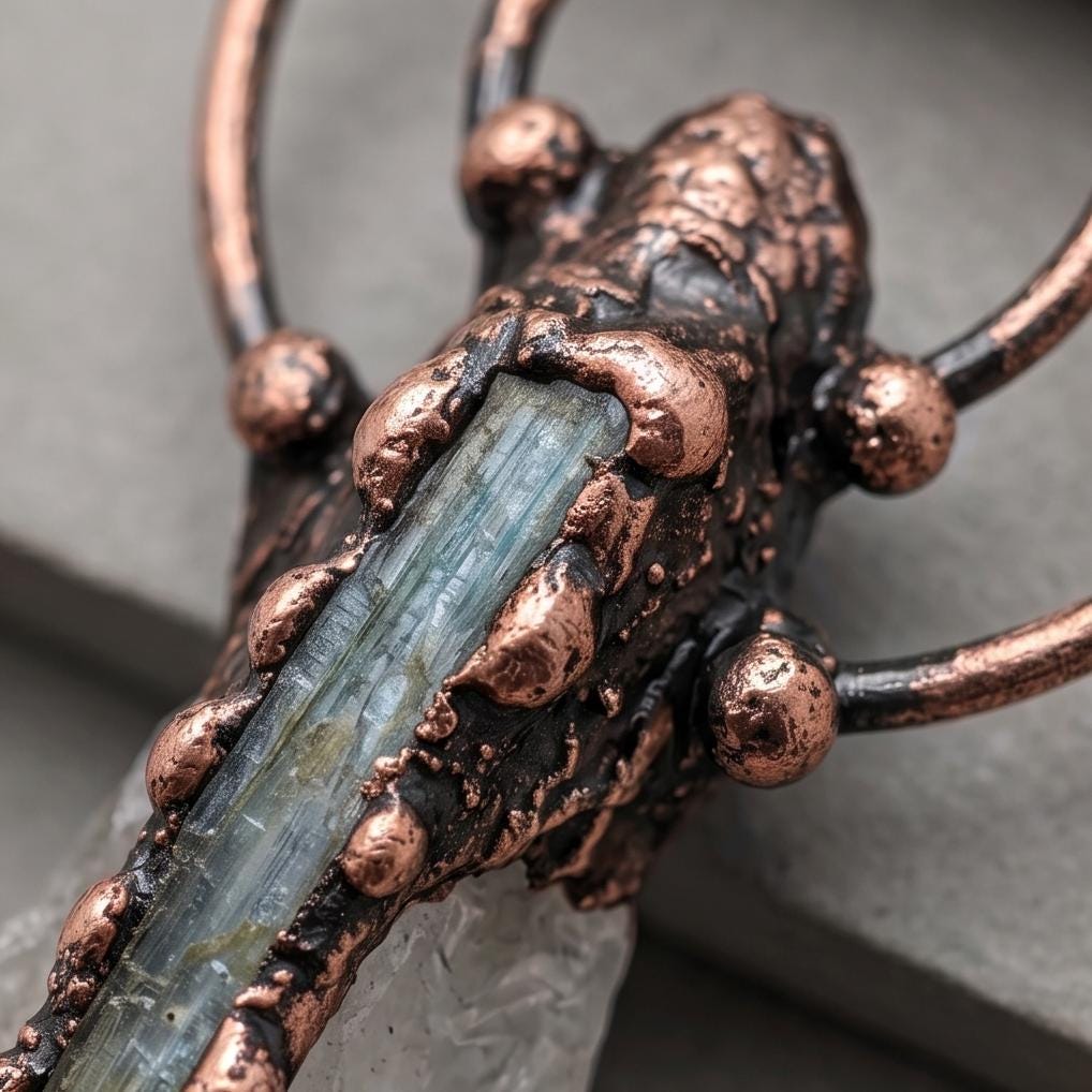 Copper Electroformed Crystal Necklace, Clear Quartz Labradorite Pendant, Raw Stone Jewelry, Boho Spiritual Talisman, Chunky Artisan Piece