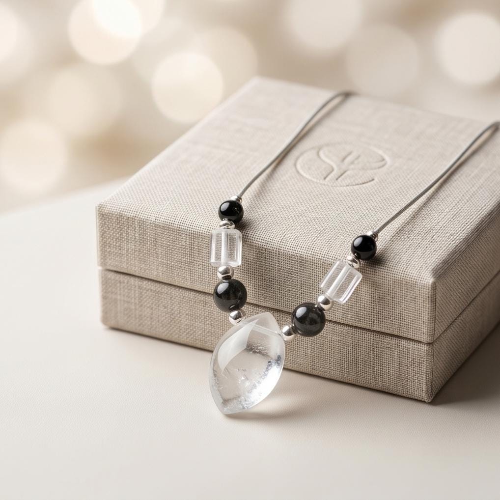 Clear Quartz and Black Agate Necklace, Natural Crystal Beaded Choker, Chunky Statement Pendant Jewelry, Boho Minimalist Accessory