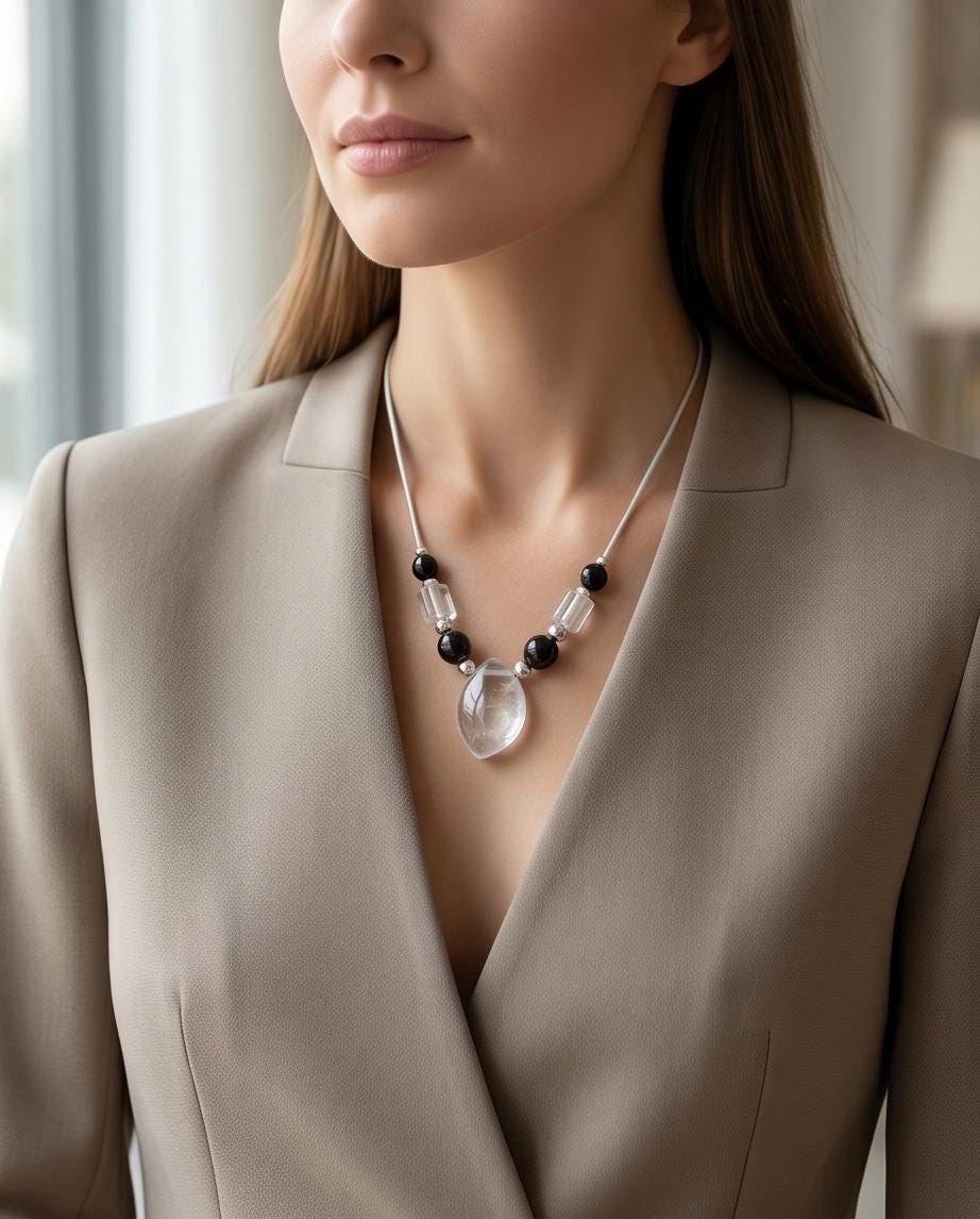Clear Quartz and Black Agate Necklace, Natural Crystal Beaded Choker, Chunky Statement Pendant Jewelry, Boho Minimalist Accessory