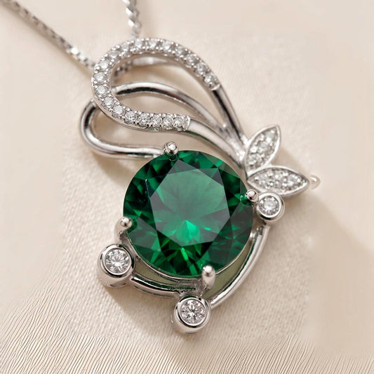 Emerald Butterfly Necklace Large Green Emerald Pendant Sterling Silver White Gold Coated 4 CT Green Lab Emerald Gemstone Jewelry #964