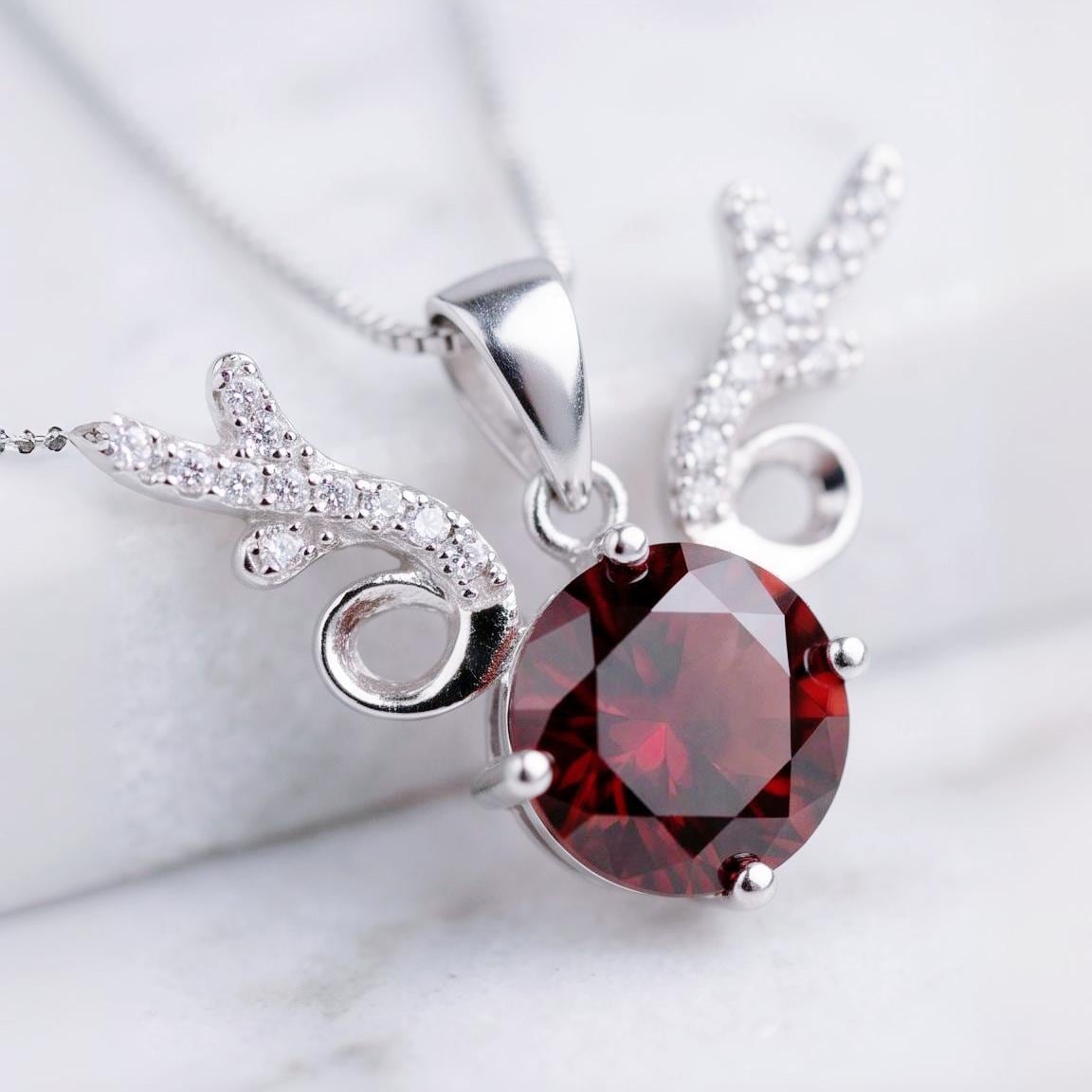 Deer Antler Garnet Necklace - Sterling Silver 8mm Round Cut 2 Ct Garnet Pendant - January Birthstone #341