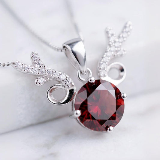 Deer Antler Garnet Necklace - Sterling Silver 8mm Round Cut 2 Ct Garnet Pendant - January Birthstone #341