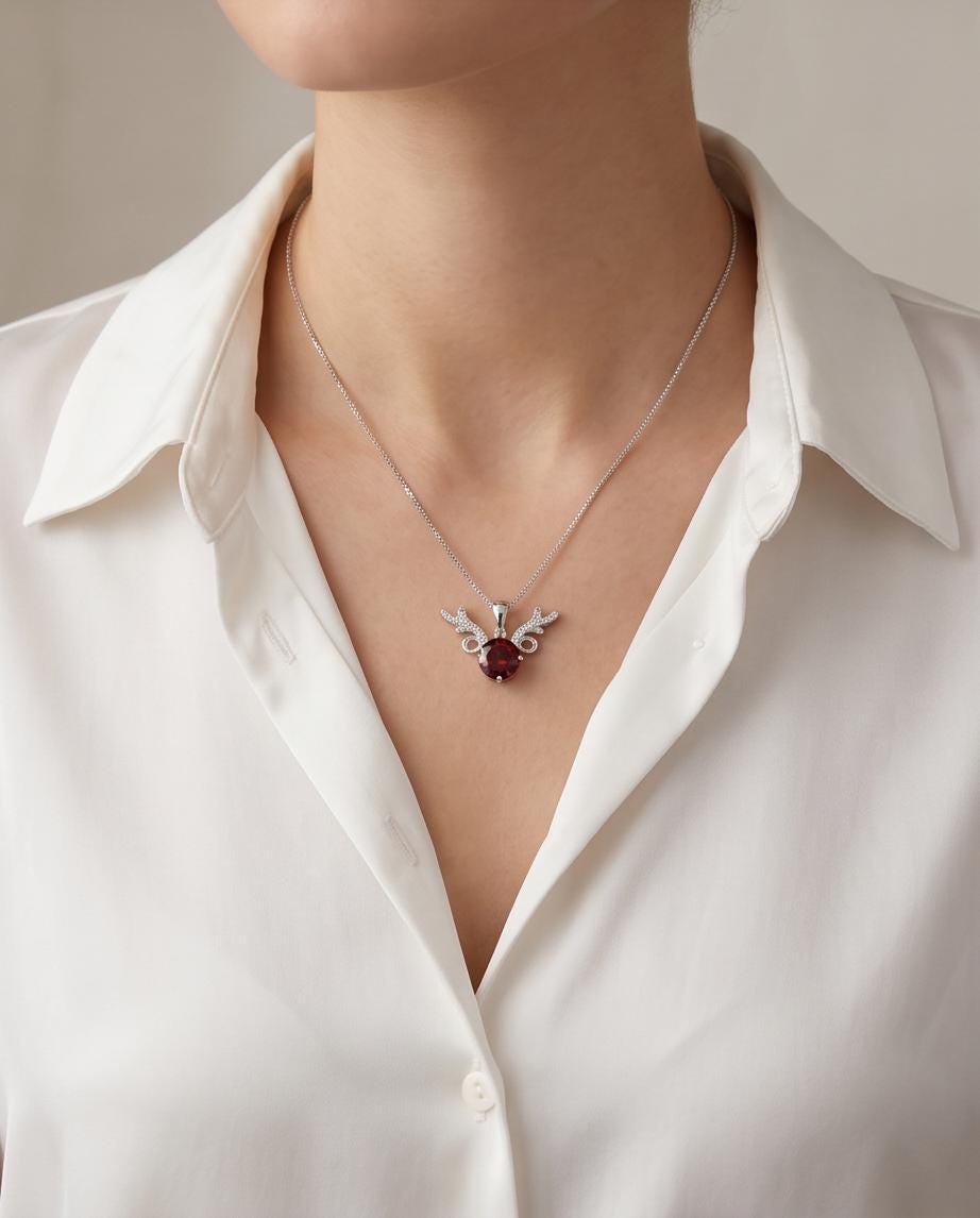 Deer Antler Garnet Necklace - Sterling Silver 8mm Round Cut 2 Ct Garnet Pendant - January Birthstone #341