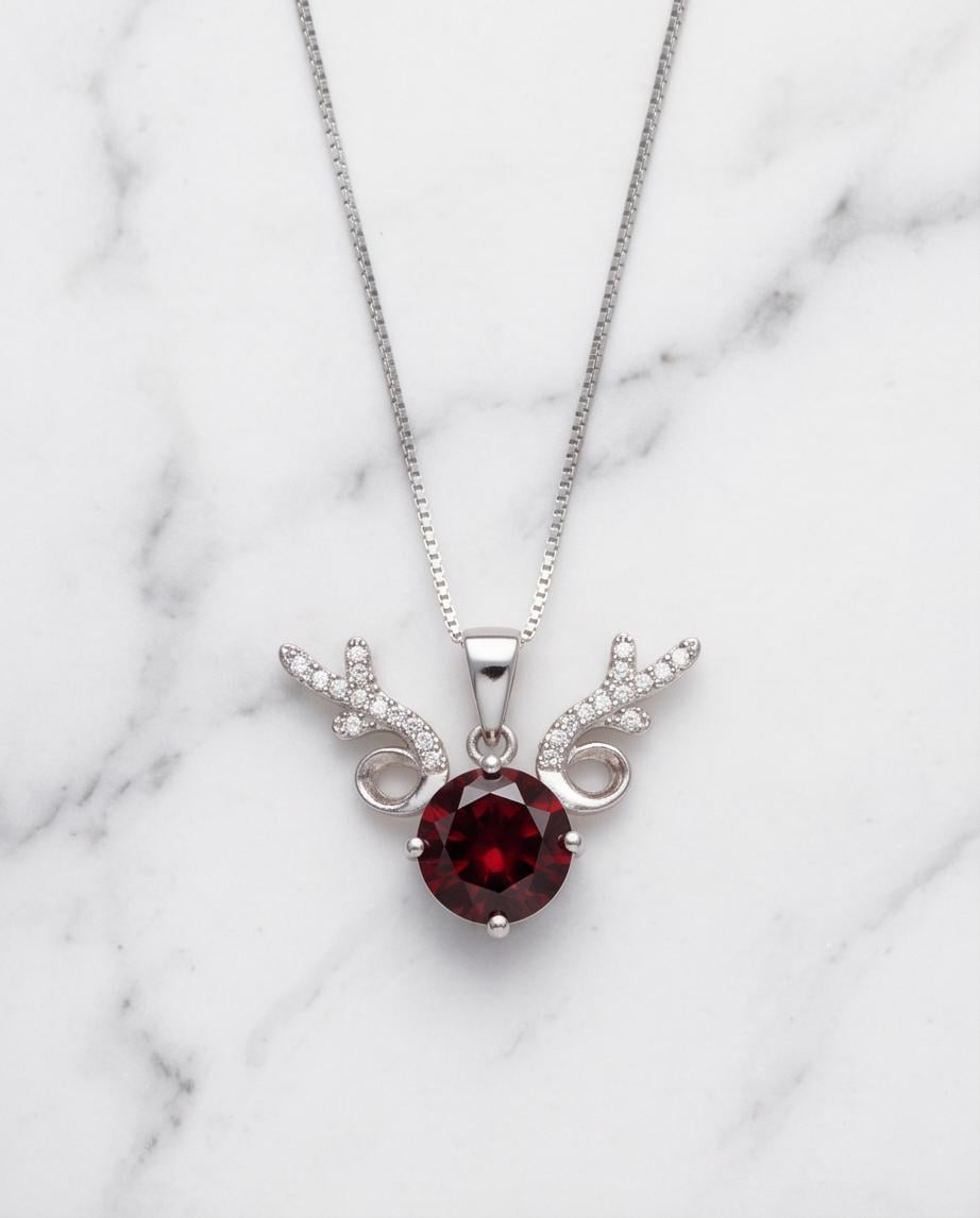 Deer Antler Garnet Necklace - Sterling Silver 8mm Round Cut 2 Ct Garnet Pendant - January Birthstone #341