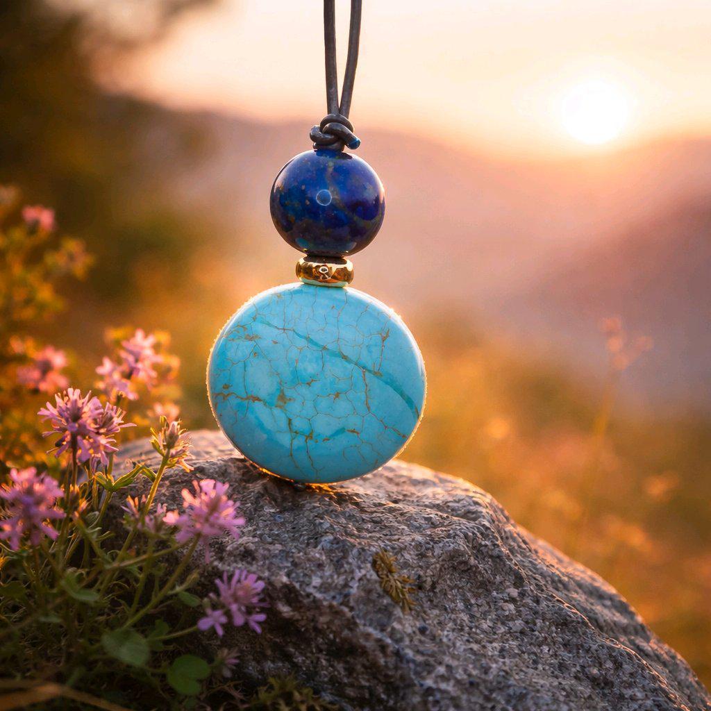 Turquoise Necklace Lapis Lazuli Pendant, Natural Blue Gemstone Chunky Geometric Jewelry, Adjustable Leather Cord