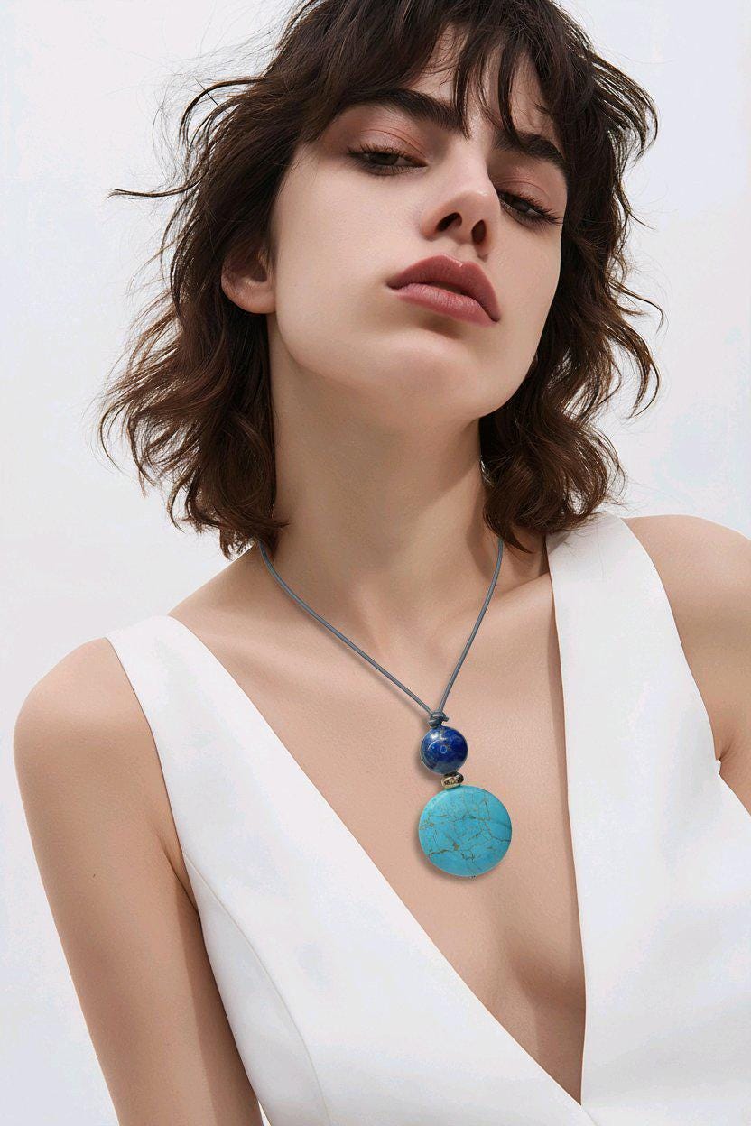 Turquoise Necklace Lapis Lazuli Pendant, Natural Blue Gemstone Chunky Geometric Jewelry, Adjustable Leather Cord