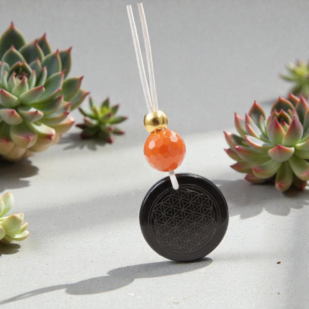 Geometric Flower of Life Obsidian Necklace, Chunky Black Obsidian Pendant with Red Jasper, Adjustable Leather Cord 30 inches #2560