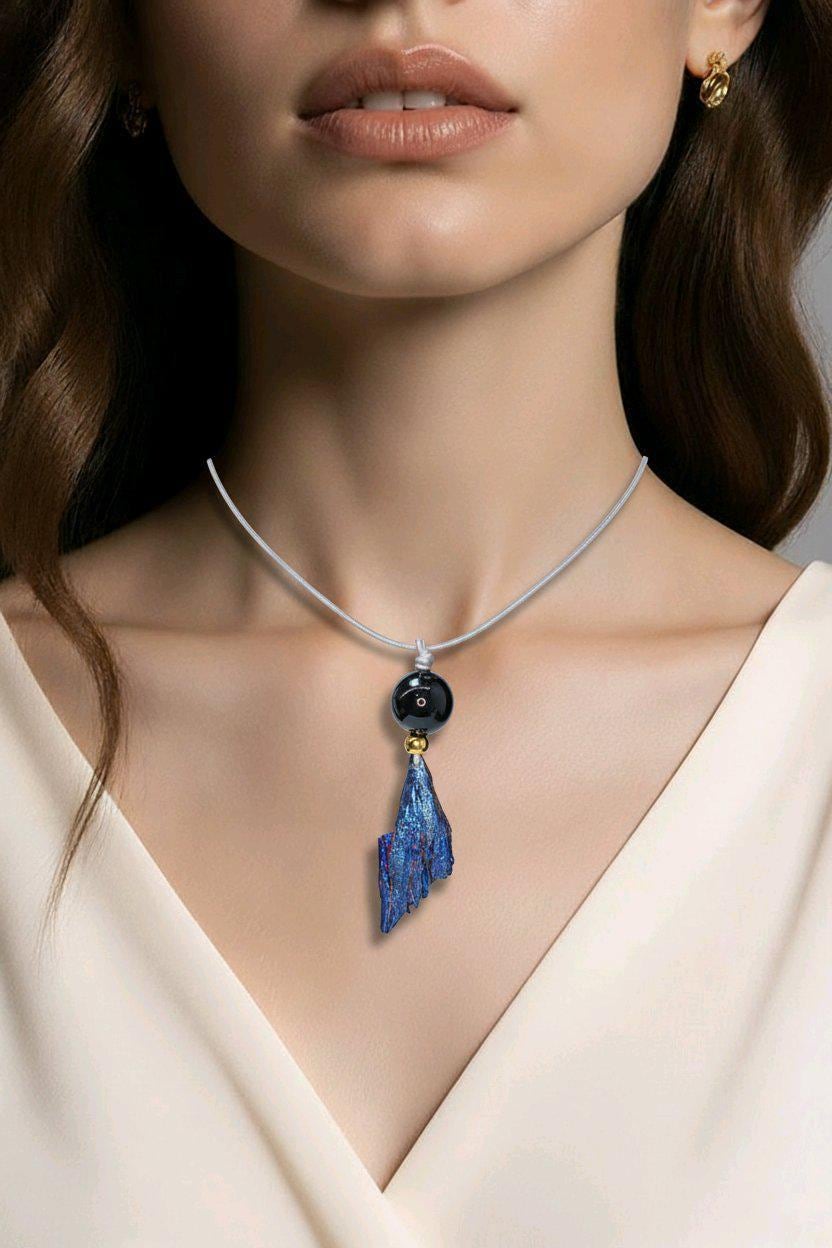 Geometric Titanium Black Tourmaline Necklace, Chunky Rainbow Crystal Pendant with Black Onyx, Healing Jewelry, Adjustable Leather Cord #2568