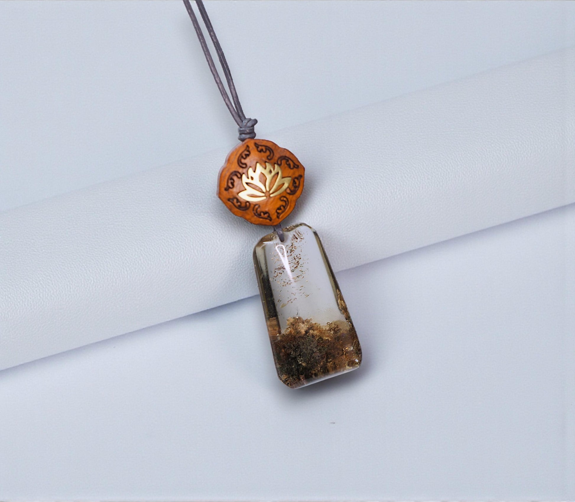 Geometric Garden Quartz Pendant, Chunky Phantom Quartz Necklace with Red Sandalwood, 18k Gold Lotus, Adjustable Leather Cord #2566