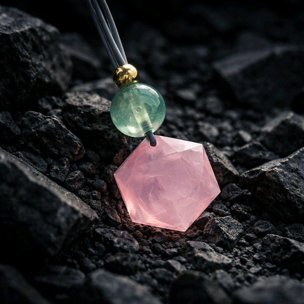 Geometric Rose Quartz Necklace, Chunky Star of David Crystal Pendant with Fluorite, Healing Stone Jewelry, Adjustable Leather Cord 30“ #2571