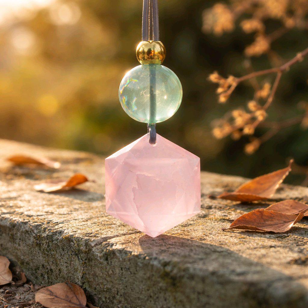 Geometric Rose Quartz Necklace, Chunky Star of David Crystal Pendant with Fluorite, Healing Stone Jewelry, Adjustable Leather Cord 30“ #2571
