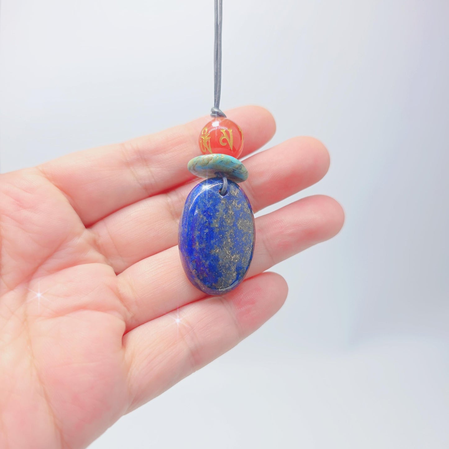 Lapis Lazuli Mantra Pendant Necklace, Geometric Turquoise Red Carnelian Chunky Jewelry, Adjustable Leather Cord up to 24 inches #2542