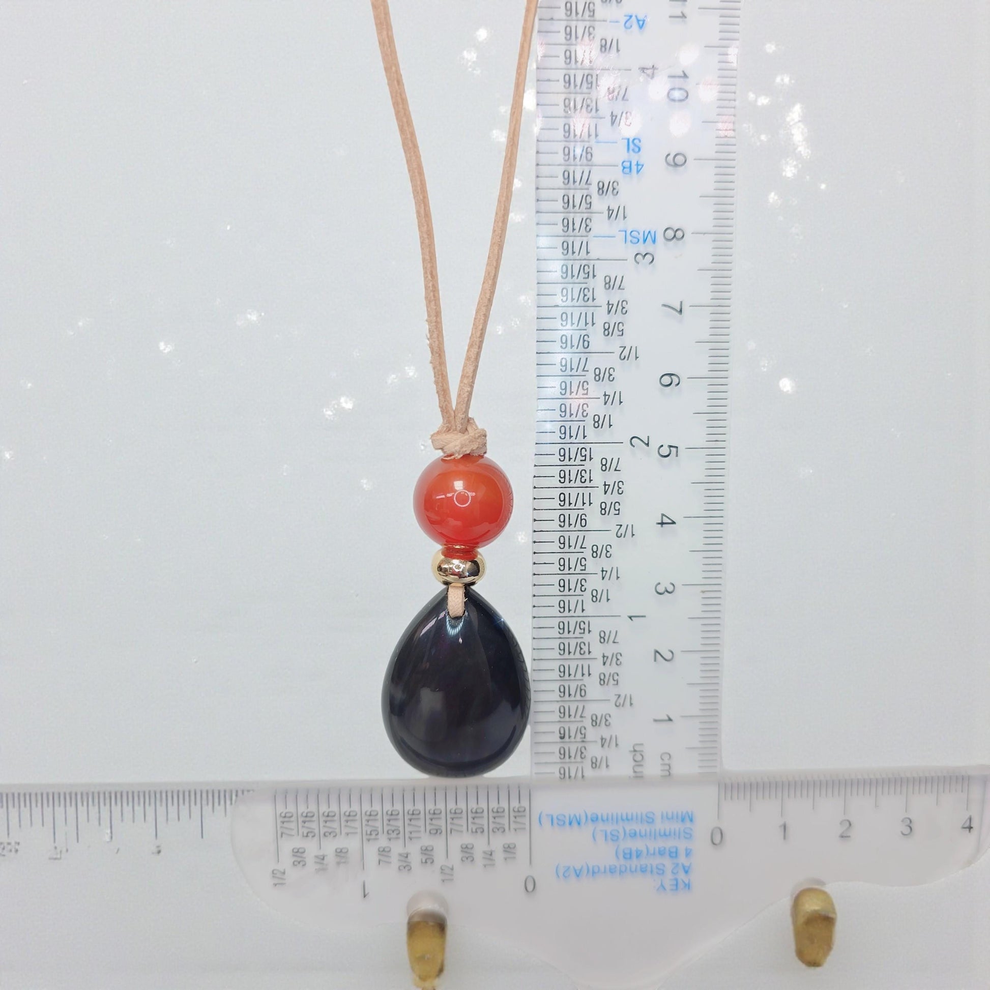 Obsidian Necklace Teardrop Pendant, Red Carnelian Natural Gemstone Chunky Geometric Jewelry, Adjustable Leather Cord