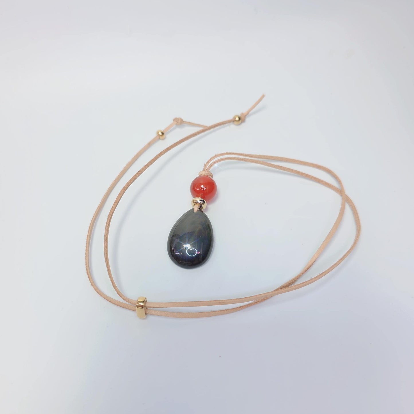 Obsidian Necklace Teardrop Pendant, Red Carnelian Natural Gemstone Chunky Geometric Jewelry, Adjustable Leather Cord