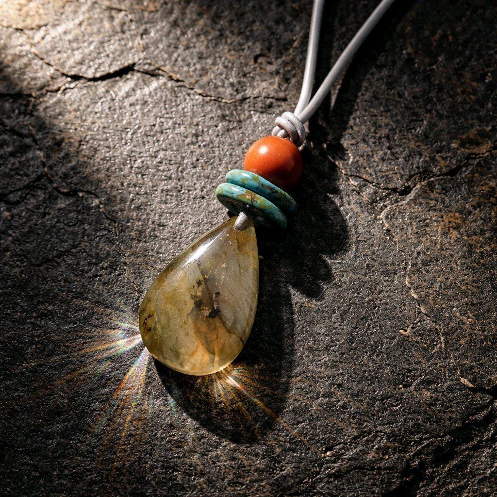 Labradorite Necklace Turquoise Red Jasper Pendant , Geometric Natural Gemstone Chunky Jewelry, Adjustable Leather Cord up to 30 inches #2543