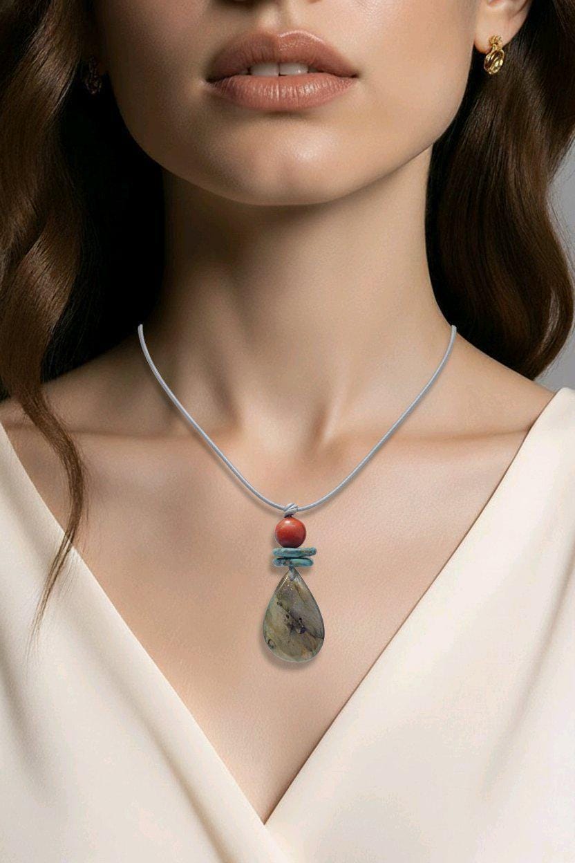 Labradorite Necklace Turquoise Red Jasper Pendant , Geometric Natural Gemstone Chunky Jewelry, Adjustable Leather Cord up to 30 inches #2543
