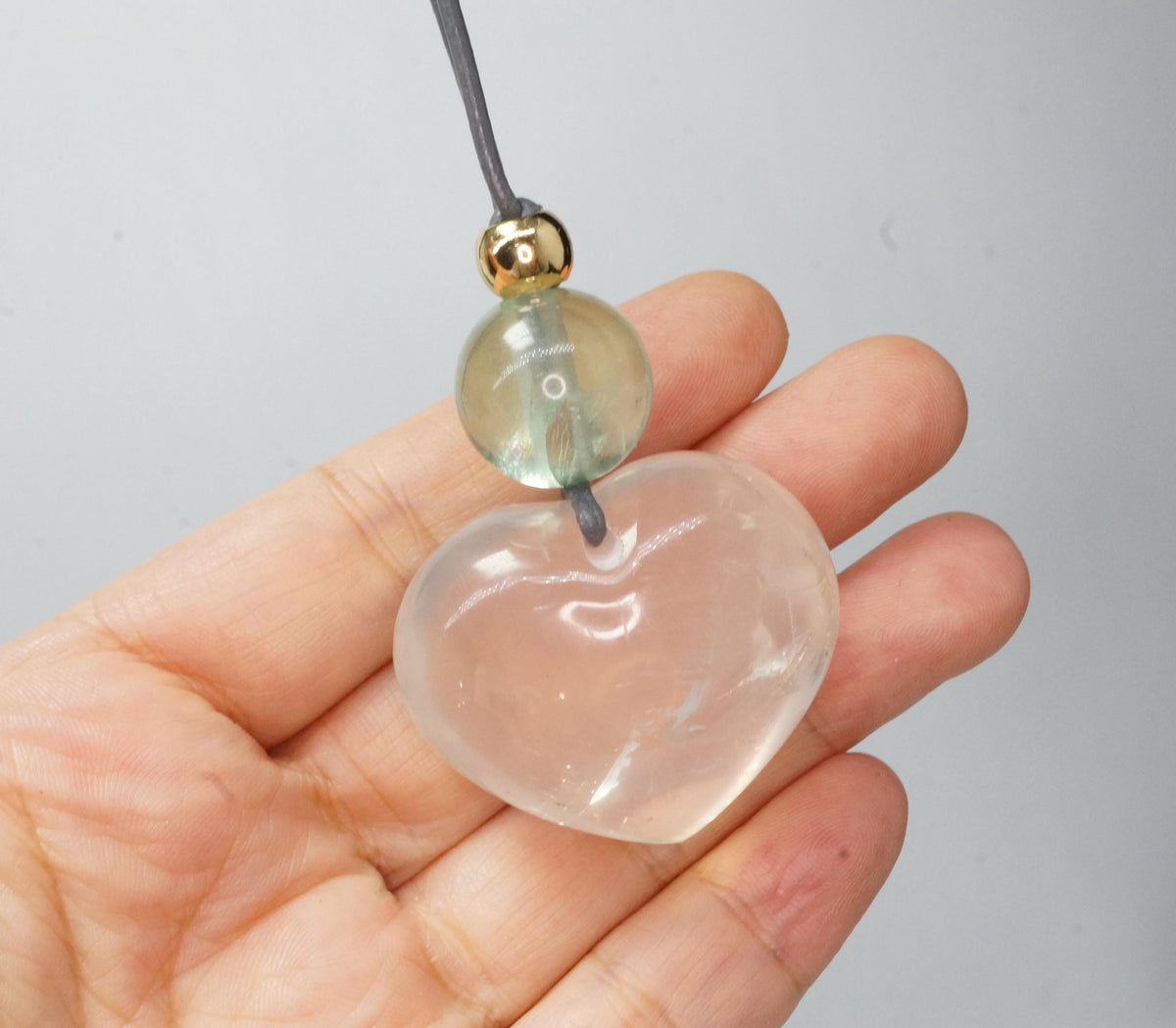 Geometric Heart Rose Quartz Pendant for Love, Chunky Natural Rose Quartz Necklace with Green Fluorite, Adjustable Leather Cord 30" #2561