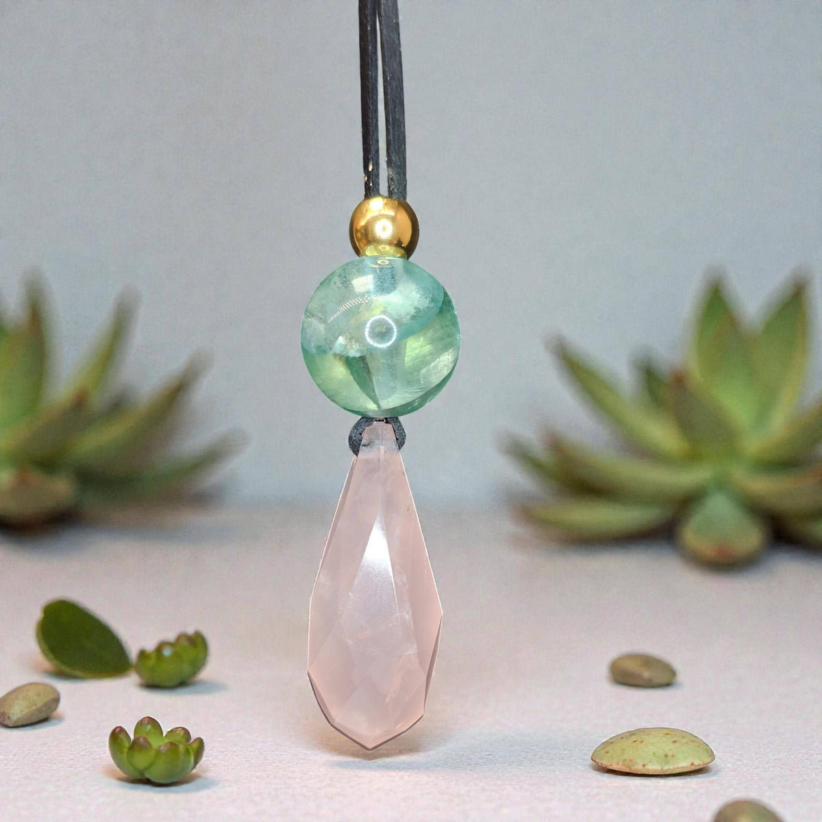 Rose Quartz Necklace Faceted Crystal Pendant, Chunky Fluorite Geometric Jewelry for Women with Adjustable Leather Cord up to 30 inches.