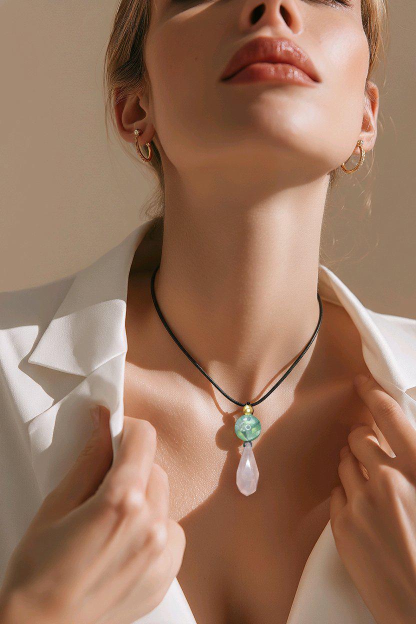 Rose Quartz Necklace Faceted Crystal Pendant, Chunky Fluorite Geometric Jewelry for Women with Adjustable Leather Cord up to 30 inches.