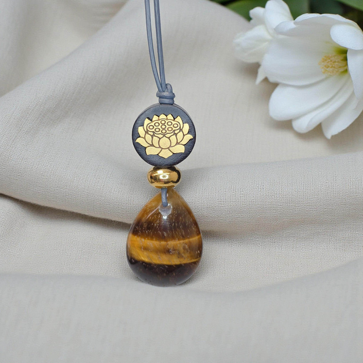 Natural Tigers Eye Necklace, Chunky Geometric 18k Lotus Flower Jewelry, November Birthstone Zen Gift, Adjustable Leather Cord