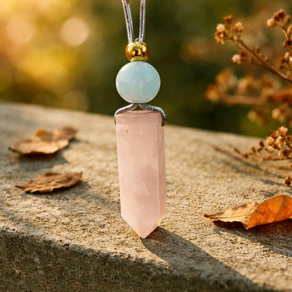 Natural Rose Quartz Necklace Crystal Point & Aquamarine Geometric Pendant, Pink Chunky Gemstone Jewelry Adjustable Leather for Men and Women
