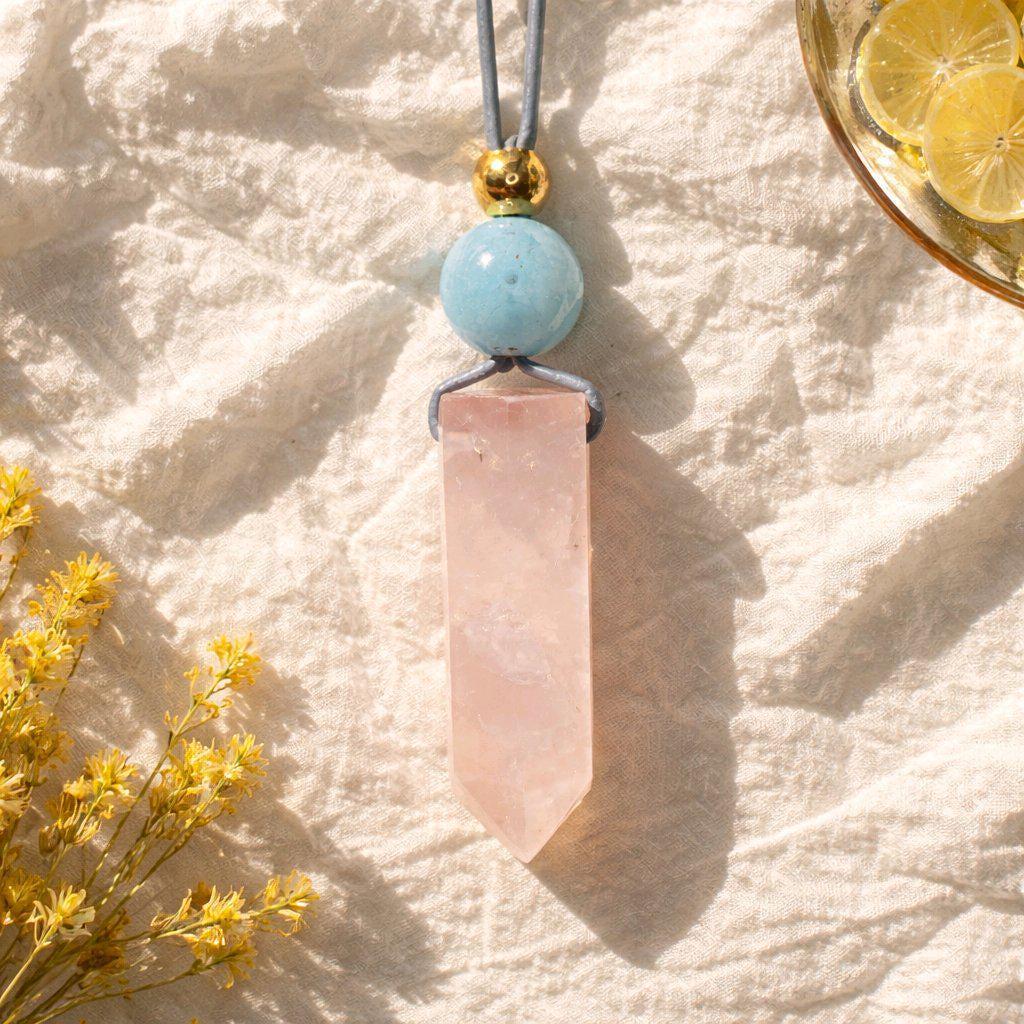 Natural Rose Quartz Necklace Crystal Point & Aquamarine Geometric Pendant, Pink Chunky Gemstone Jewelry Adjustable Leather for Men and Women