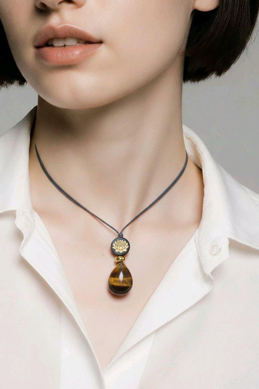 Natural Tigers Eye Necklace, Chunky Geometric 18k Lotus Flower Jewelry, November Birthstone Zen Gift, Adjustable Leather Cord