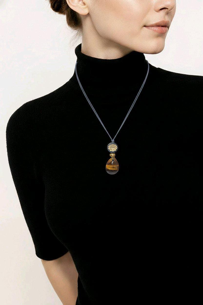 Natural Tigers Eye Necklace, Chunky Geometric 18k Lotus Flower Jewelry, November Birthstone Zen Gift, Adjustable Leather Cord