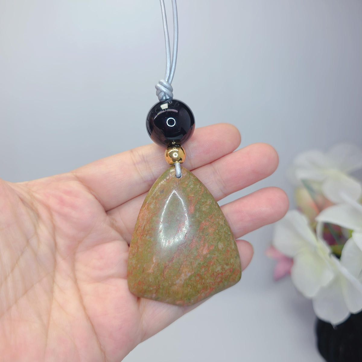 Natural Unakite Black Onyx Geometric Green Necklace, Green Chunky Pendant Jewelry with Long Adjustable Leather Cord