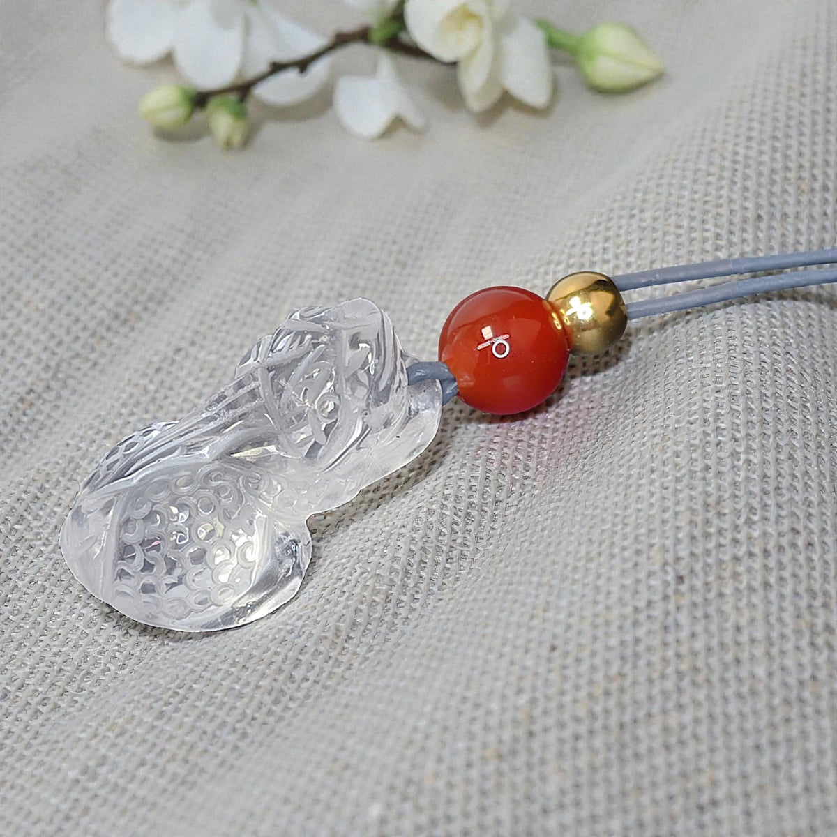 Carved Clear Quartz PiXiu Necklace, Chunky Geometric Brave Troops Amulet, Protection Talisman, adjustable leather cord