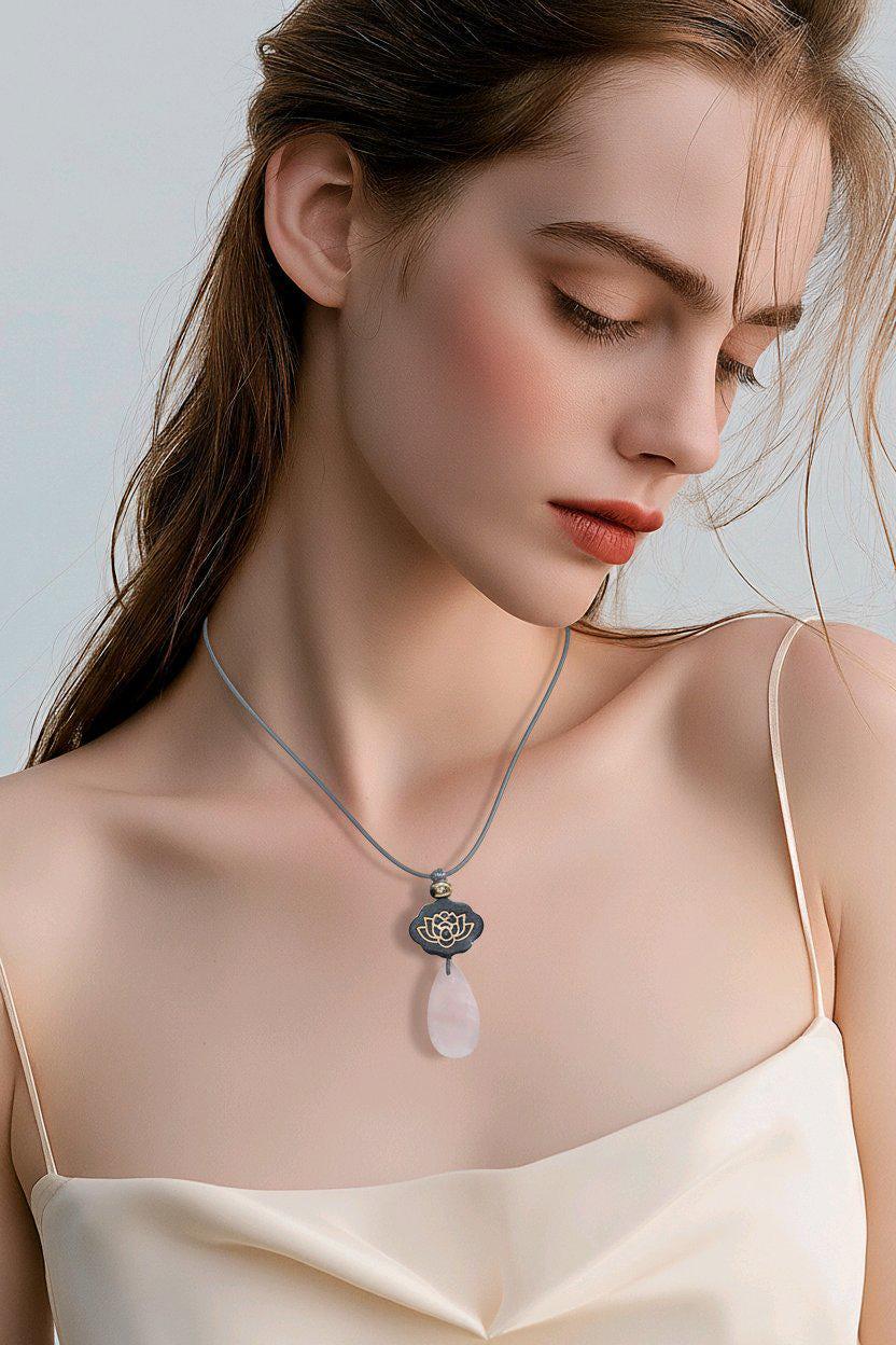 Rose Quartz Necklace Lotus Pendant, Dark Rosewood Natural Pink Crystal Chunky Geometric Jewelry, Gift for Her, Adjustable Leather Cord