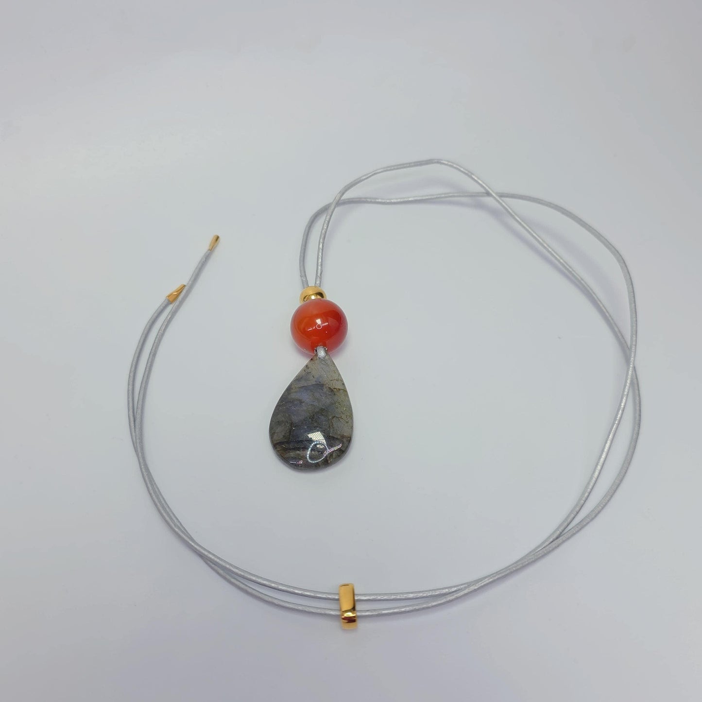 Blue Flash Labradorite Necklace, Chunky Geometric Carnelian Jewelry, July Birthstone Gift for Her, Adjustable Leather Cord