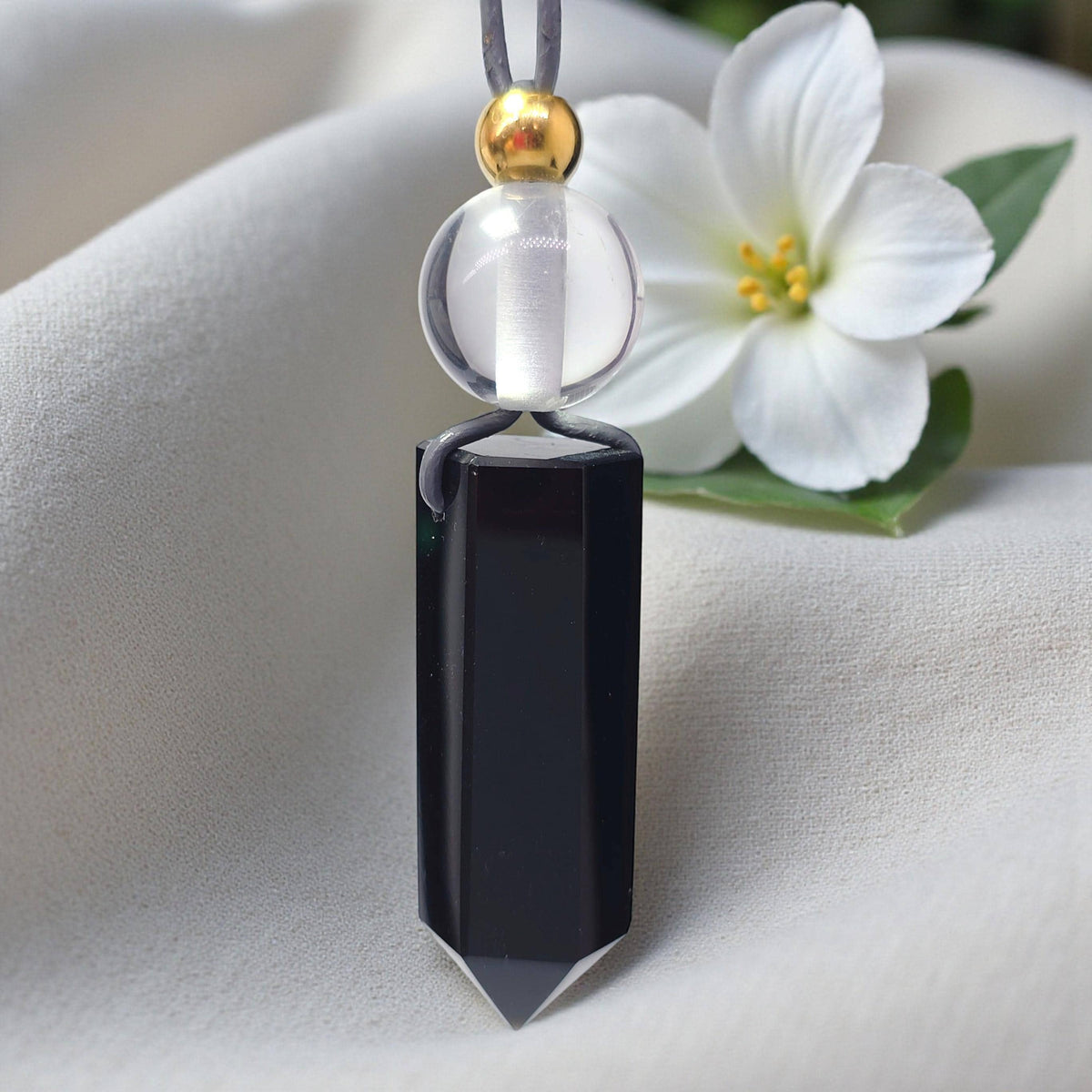 Obsidian Point Necklace, Chunky Natural Clear Quartz Crystal Hexagonal Wand Pendant for Men Women, Adjustable Leather Cord