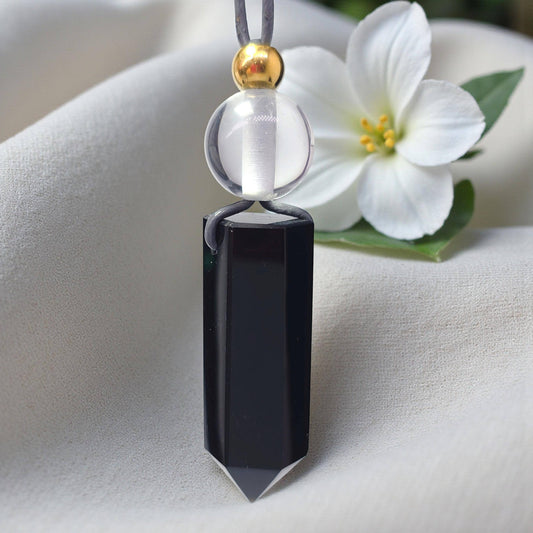 Obsidian Point Necklace, Chunky Natural Clear Quartz Crystal Hexagonal Wand Pendant for Men Women, Adjustable Leather Cord