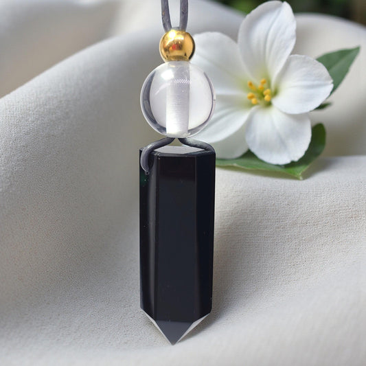 Obsidian Point Necklace, Chunky Natural Clear Quartz Crystal Hexagonal Wand Pendant for Men Women, Adjustable Leather Cord